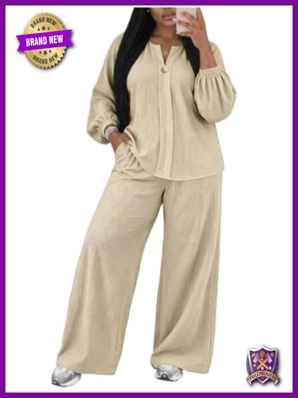 ABKY Women's 2 Piece Set Long Sleeve V-Neck Top Wide Leg Pants Vacation Outfit